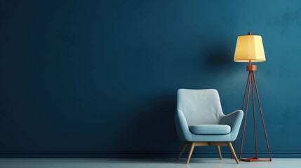  Beautiful armchair and floor lamp near color wall. - obrazy, fototapety, plakaty