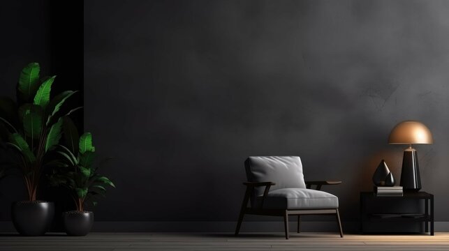  Black wall living room interior with chair and wall decor