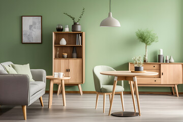 Mint color chairs at round wooden dining table in room with sofa and cabinet near green wall. Scandinavian, mid-century home interior design of modern living room - AI Generative