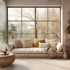 Beige fabric sofa against window. Boho home interior design of modern living room