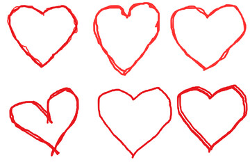 red doodle hearts set. Hand drawn hearts illustrations. Cute romance and love decorative heart