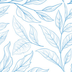 Floral seamless pattern. Branch with leaves winter texture. Flourish nature snowy garden textured leaves. Drawn line art sketch background