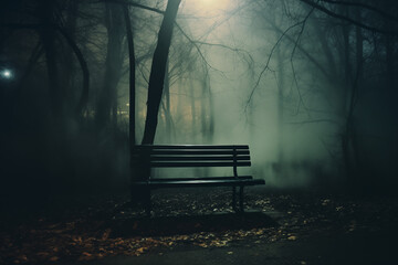 Moody abandoned bench in a spooky forest - obrazy, fototapety, plakaty