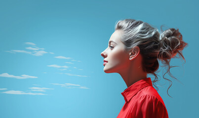 A profile portrait of a woman with hair tied back, looking out into the sky. AI generated. - obrazy, fototapety, plakaty