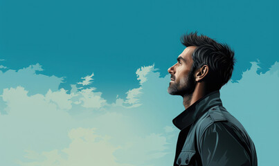 Profile portrait of a man with a beard looking out into a blue sky. AI generated.