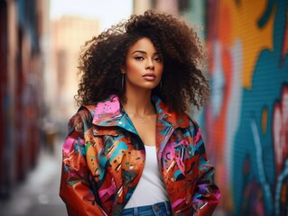 Confident Afro-Curly Haired Woman Standing in Modern City, Surrounded by Graffiti