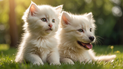 Obraz premium Cute cat and dog on a lawn with grass