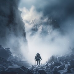 Individual Explores Icy Winter Landscape in Chilly Mountains