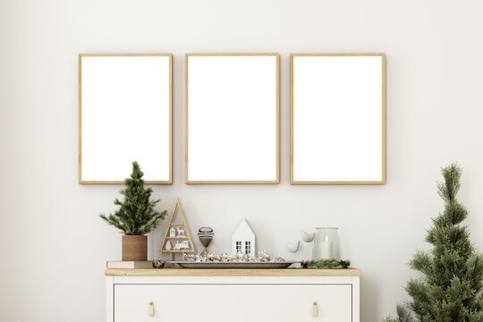 Three frame mockup, Christmas mockup, Interior mockup, living room mockup, room mockup, A4