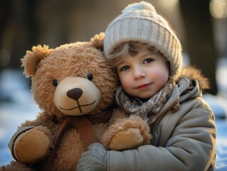 A little boy hugs a big teddy bear in the Winter Park