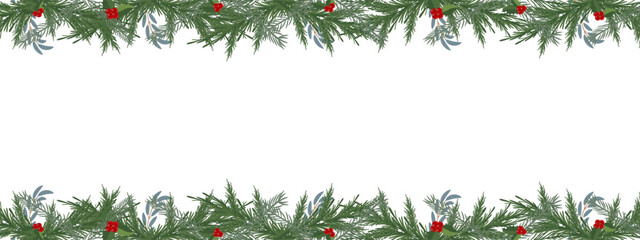 Christmas Border of Branches with Christmas flowers. Vector Graphics