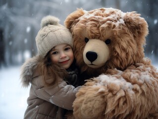 A little girl hugs a big teddy bear in the Winter Park