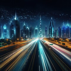 Metropolis Night Skyline Illuminated with City Street Traffic and Urban Skyscrapers