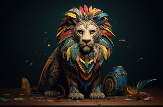 Creative animal concept. Lion with traditional tribal clothes,  makeup and decoration 