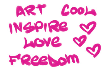 Collection of graffiti street art tags with words and symbols in purple color on white background