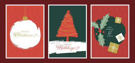 Set of Modern Christmas Cards in Red, Green, White and Gold, Christmas Bauble, Holly, Presents, Christmas Trees, Brush Strokes