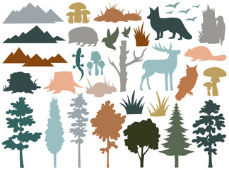 Woodland landscape plants, birds and animals inhabitants silhouettes set vector illustration