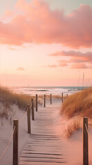 A sunrise at the beach with tall sand dunes and a path, in the style of light pink and light gray