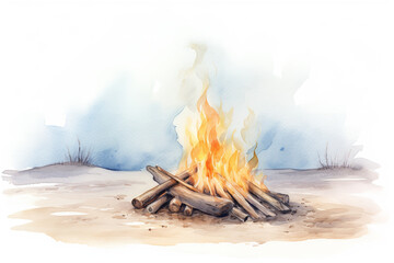 A watercolor realistic detailed illustration of a beach bonfire in light beige and light blue and yellow pastel hue, spring vibe, warm pastel tone, graphic art style