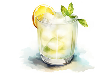 Fototapeta premium A watercolor realistic detailed illustration of a cocktail in light beige and light blue and yellow pastel hue, spring vibe, warm pastel tone, graphic art style, minimalist