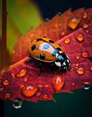 Autumn flora bird ladybug leaf dp, in the style of water drops, naturalist aesthetic