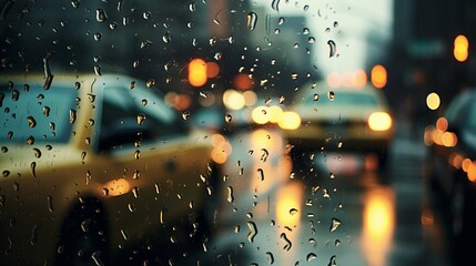 Taxis on raining street scene seen through a wet window with rain droplets.