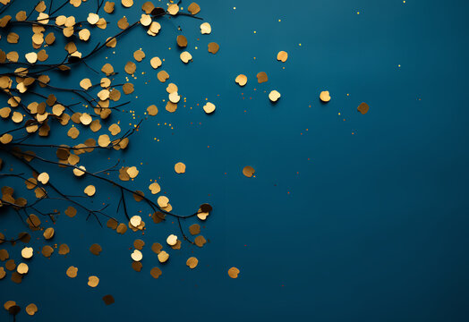 Gold confetti from a tree on a blue background at the birthday celebration, in the style of writer academia