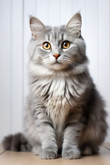 Naklejka na ściany i meble Photorealistic beautiful grey cat on white background , full body
