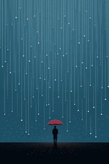man standing under umbrella rain tiny stars loss despair floating empty space melancholy lighting scattered unconnected auburn background sad men - obrazy, fototapety, plakaty