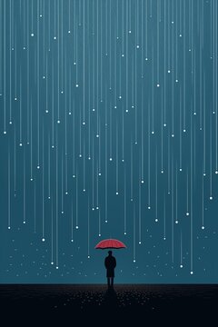 man standing under umbrella rain tiny stars loss despair floating empty space melancholy lighting scattered unconnected auburn background sad men