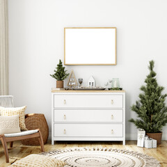 Christmas frame mockup horizontal in living room, Interior frame mockup, room mockup