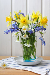 bouquet with daffodils, garden flowers. spring, rural composition, cottage core.