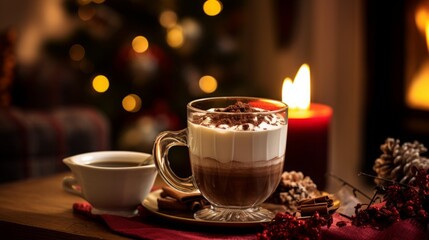 hot steamy mug of cocoa with wipped cream on top, with cherry and cinnamon for decoration, chocolate flakes, fireplace in the background, copy space, 16:9