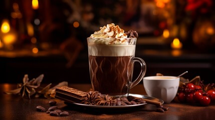 hot steamy mug of cocoa with wipped cream on top, with cherry and cinnamon for decoration, chocolate flakes, fireplace in the background, copy space, 16:9