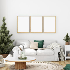 Christmas frame mockup in living room, three frame mockup, A4, Wood frame mockup