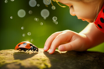 A child observing a ladybug on their outstretched hand.