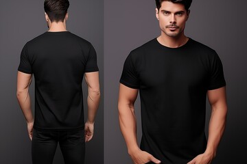 Adult guy posing in fashion black t-shirt, front and back view