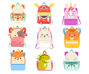 Children school bags and backpacks with animals decoration design isolated set vector illustration