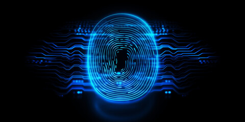 Security system with fingerprint on cyber technology neon background. Concept Protect personal data banner