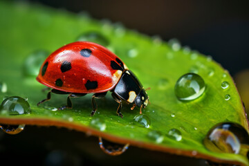 Fototapeta premium A ladybug exploring a dew-kissed morning leaf.