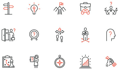 Vector set of linear icons related to decision-making process, problem solving, need to choice. Mono Line pictograms and infographic design elements - part 2 - obrazy, fototapety, plakaty