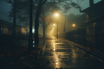 Moody street with golden lamps and mist