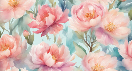 Seamless pattern with peonies, peony flowers pattern on isolated white background, watercolor hand drawing. Generative AI. - obrazy, fototapety, plakaty