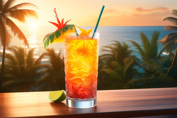 Refreshing exotic fruit tropical cocktail on beach resort at sunset, Illustartion, HD Photorealistic.