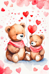 Happy valentine's greeting card with very cute bears, cartoon character. Watercolor.