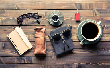 Outfit of traveler, student, teenager, young woman or guy. Overhead of essentials for modern young person. Different objects on wooden background. vintage filter effect Generative AI