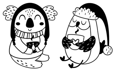 Black and white winter animals clipart with cute koala and owl in cartoon flat style. Vector illustration