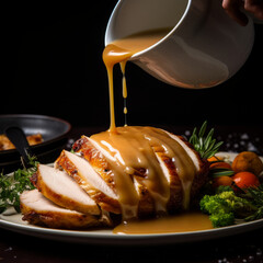 pouring a delicious brown turkey gravy over the turkey breast, for Christmas dinner, thanks giving dinner