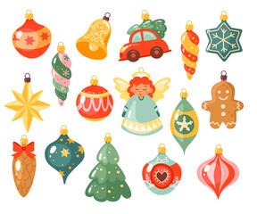 Vintage retro glass Christmas fir tree toys, baubles, ornaments different shape vector illustration