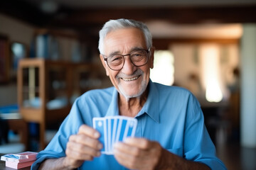 Happy senior man playing card games with friends, activity social networking in nurs home. Concept enjoying playtime together in poker game, old men